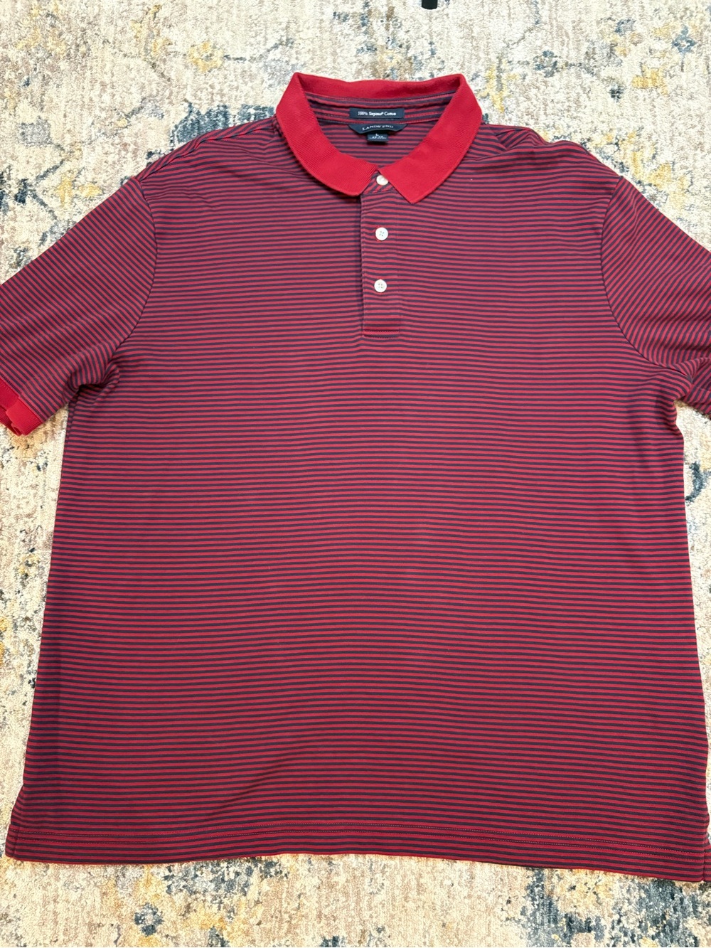 Lands' End Polo Shirt Mens Large Short Sleeve Red/Navy Stripe 100% Supima Cotton